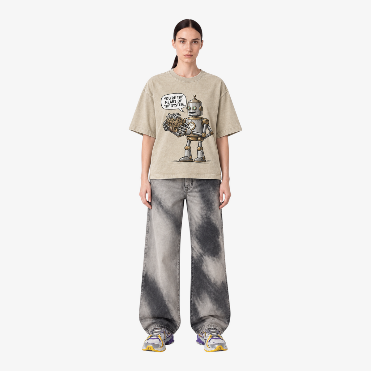 STF Heart of the System Graphic T-Shirt in Washed Cream — Female model front view