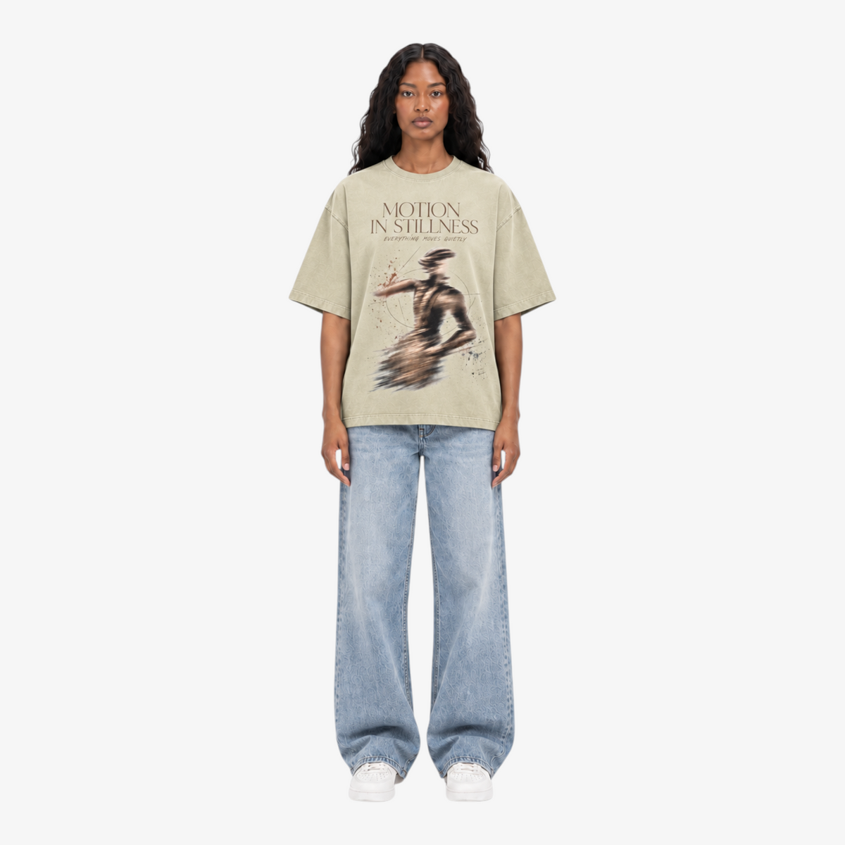 STF Motion in Stillness cream boxy oversized T-shirt — female front