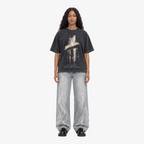 STF Move in Silence washed black graphic T-shirt — female model front