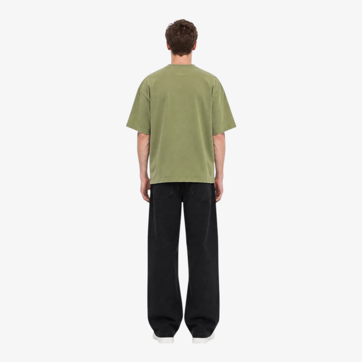 Male model wearing STF boxy oversized olive T-shirt back view