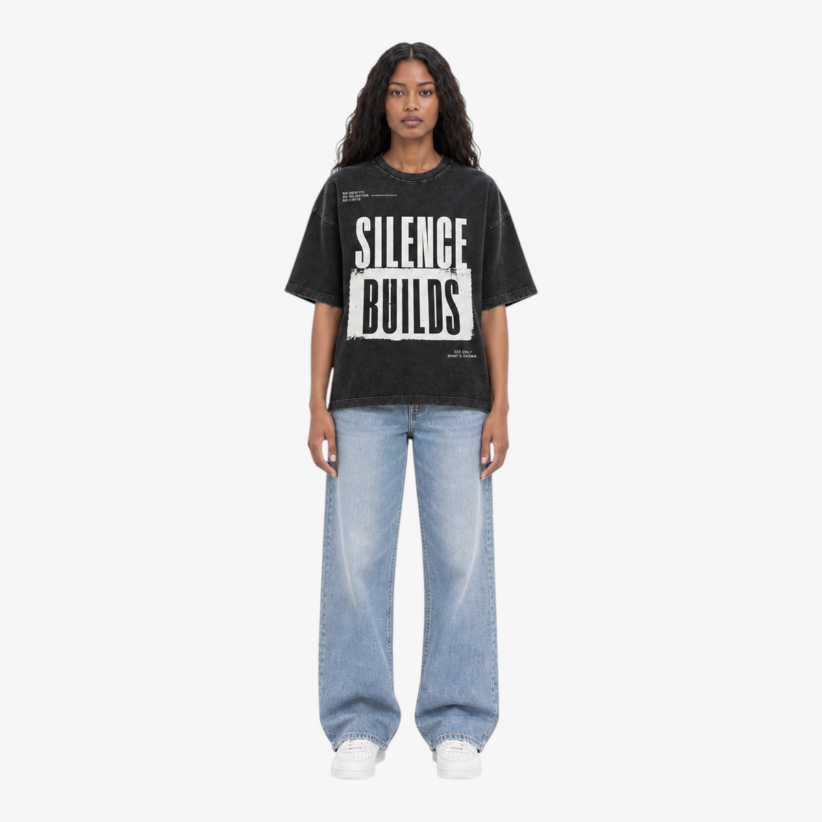STF Silence Builds washed-black oversized T-shirt — female front