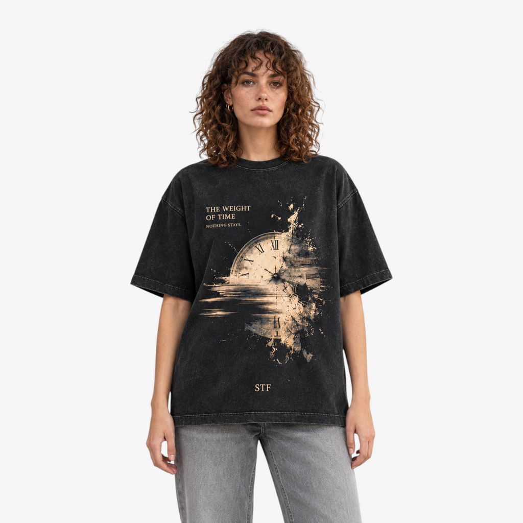 STF Weight of Time washed black boxy oversized T-shirt — female front view