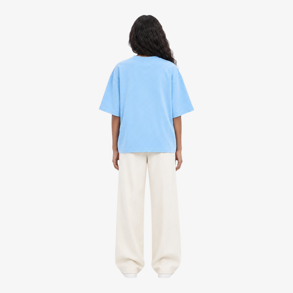 Female model wearing STF sky blue tonal embroidered T-shirt back