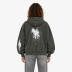 STF Built in Silence boxy oversized hoodie in washed olive-charcoal — female back