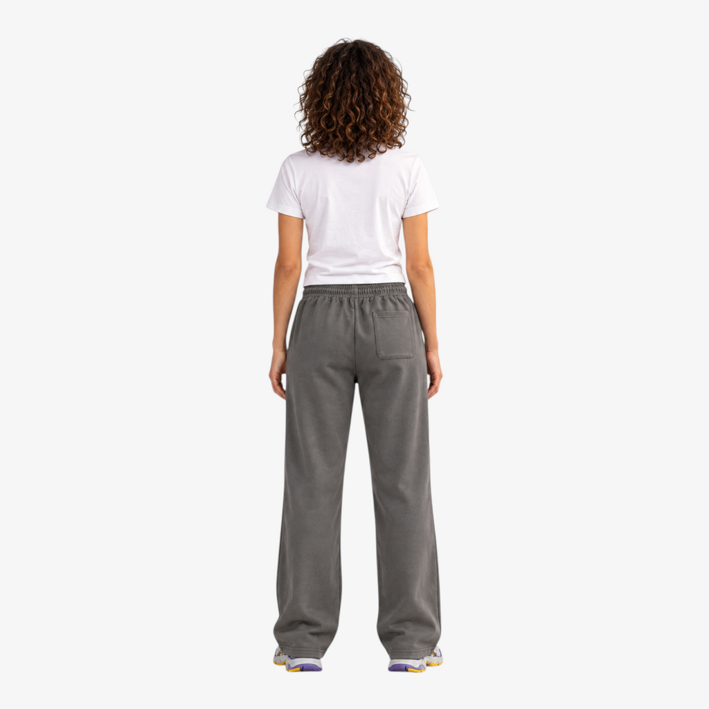 STF grey relaxed open-hem trousers — female back view