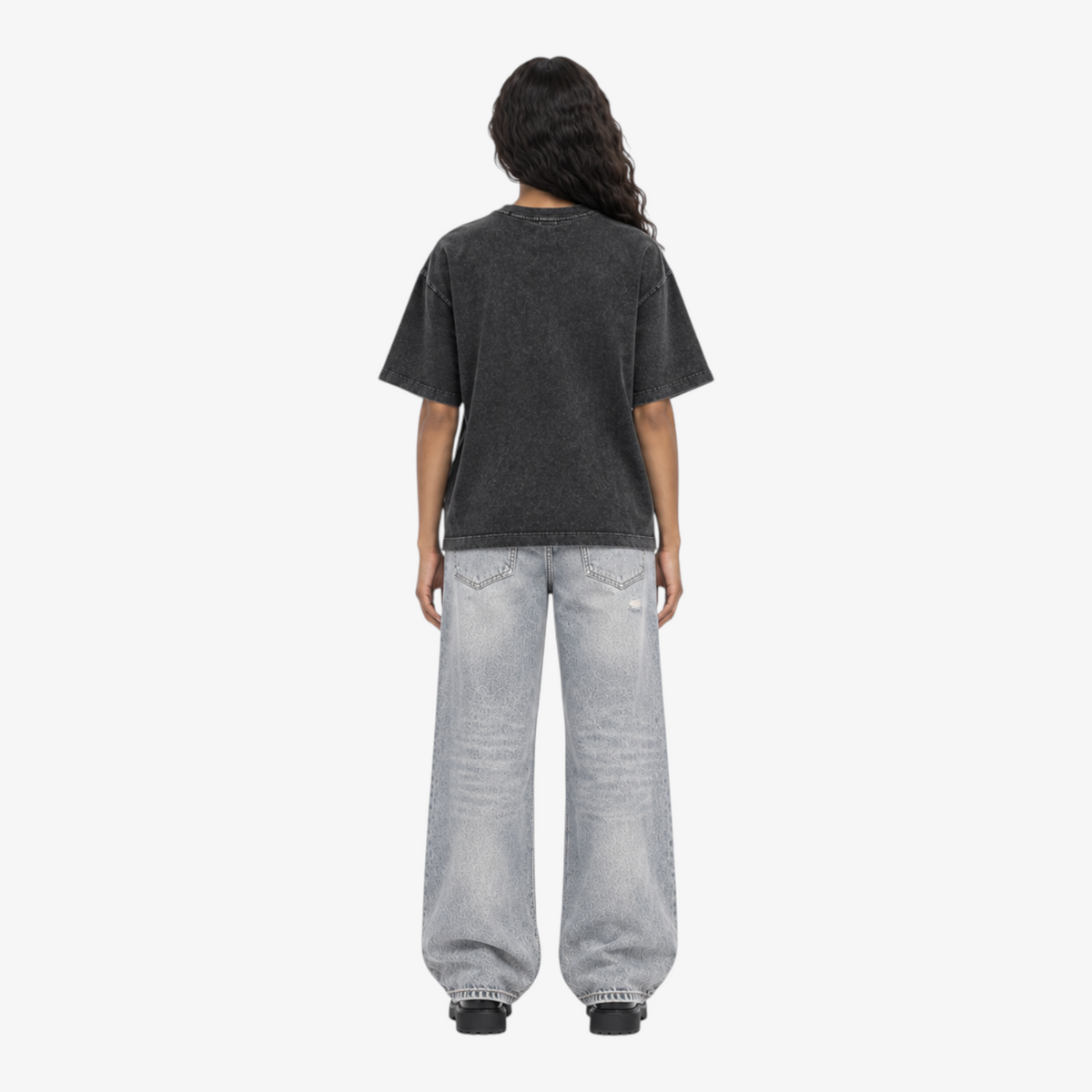 STF Move in Silence washed black graphic T-shirt — female model back
