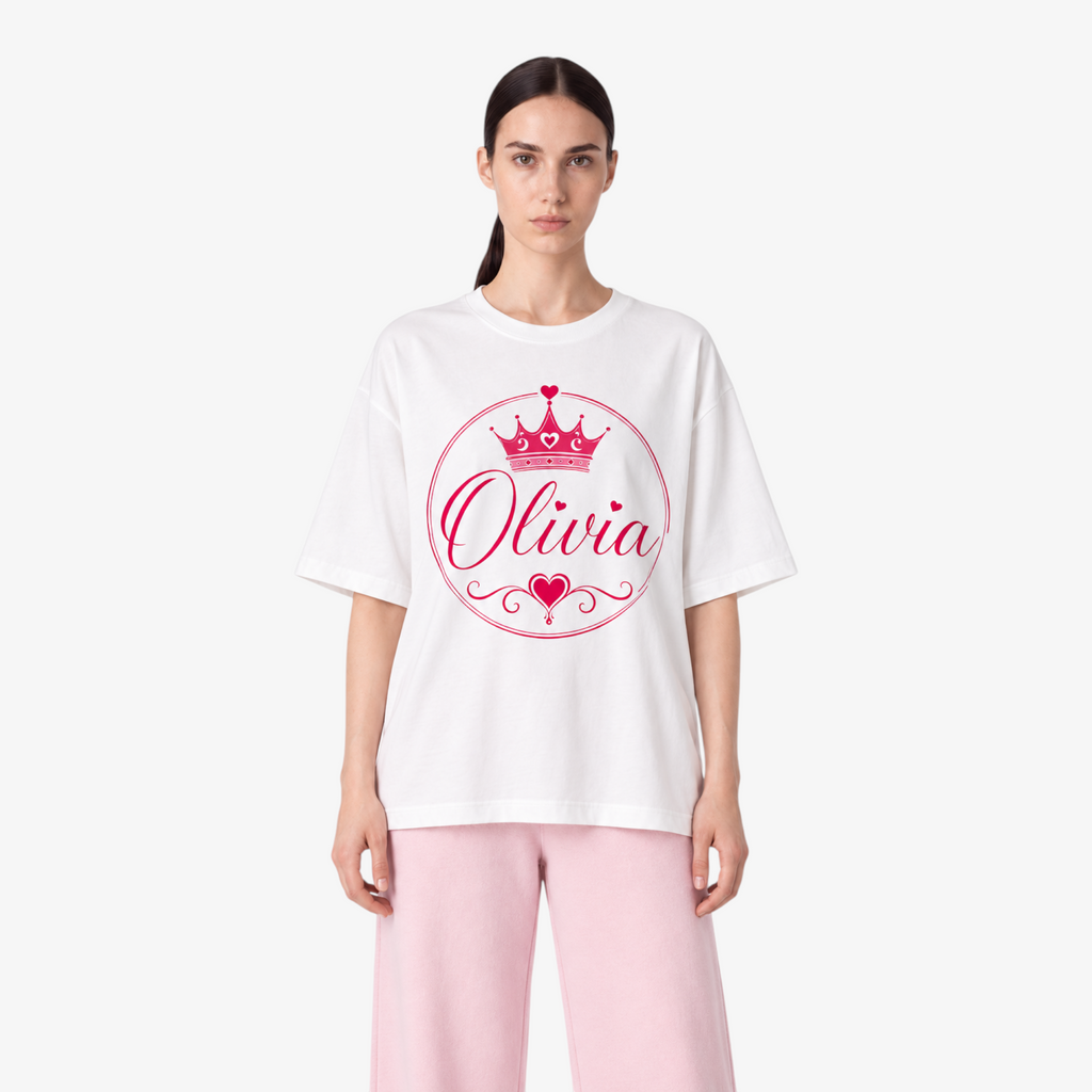 STF Olivia white oversized T-shirt with pink crown and heart graphic — model close front