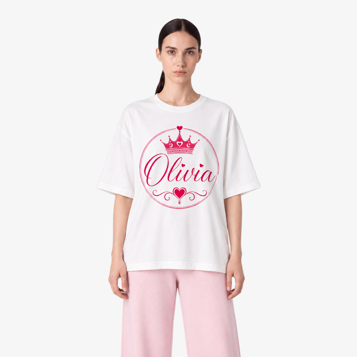 STF Olivia white oversized T-shirt with pink crown and heart graphic — model close front