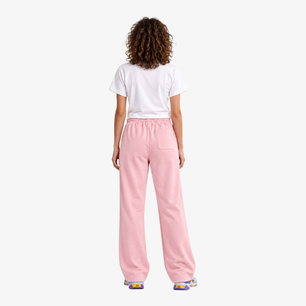 STF relaxed open-hem trousers in pink — Female model back