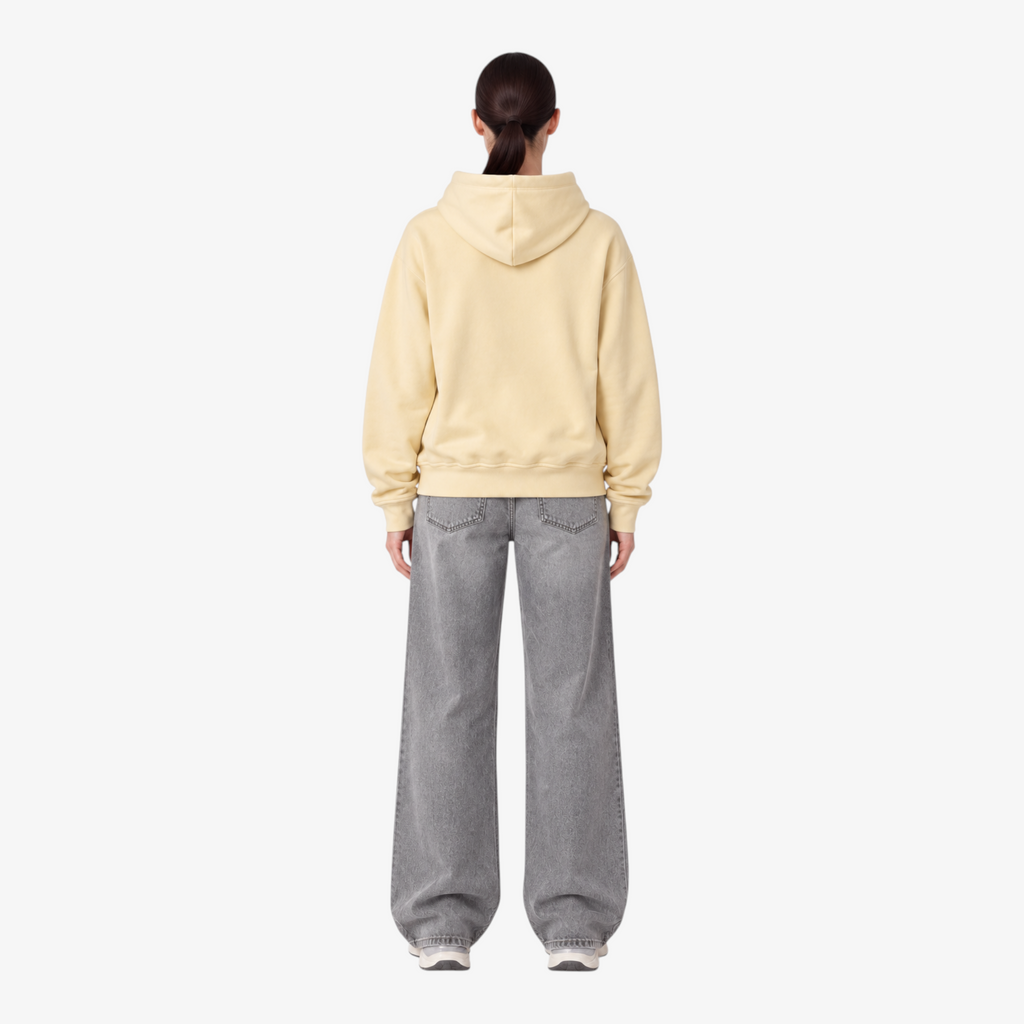 STF oversized boxy hoodie in cream — Female model back view