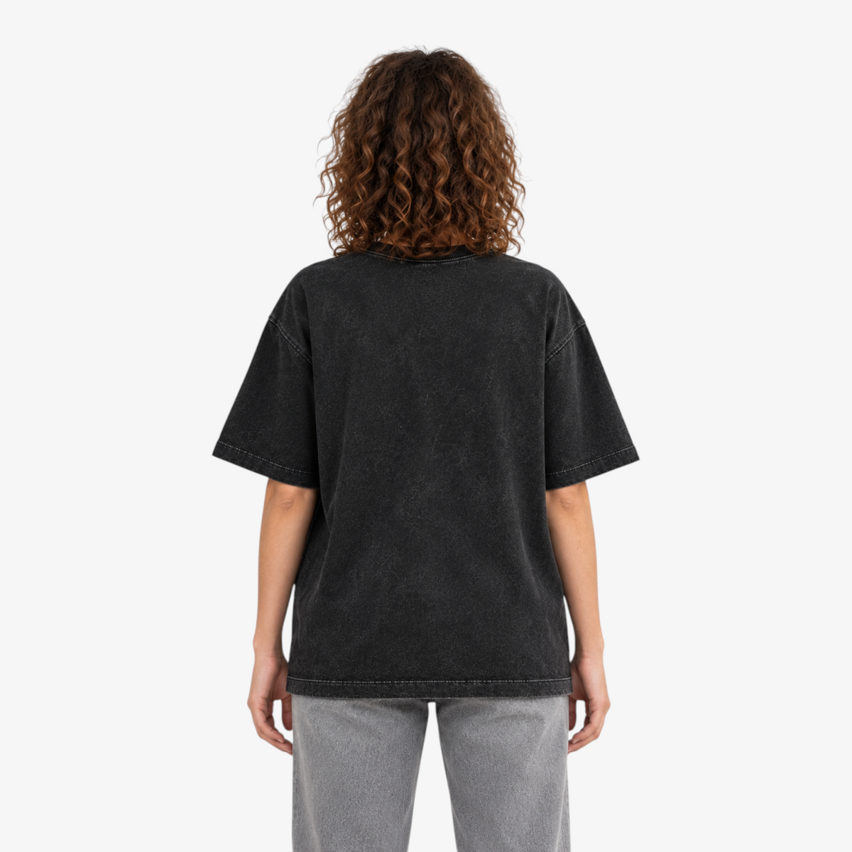 STF Weight of Time washed black boxy oversized T-shirt — female back view