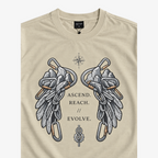 STF Ascend Reach Evolve T-shirt in washed cream — print and neckline detail