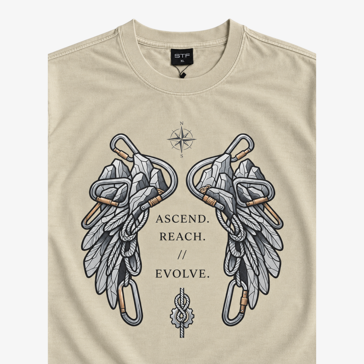 STF Ascend Reach Evolve T-shirt in washed cream — print and neckline detail