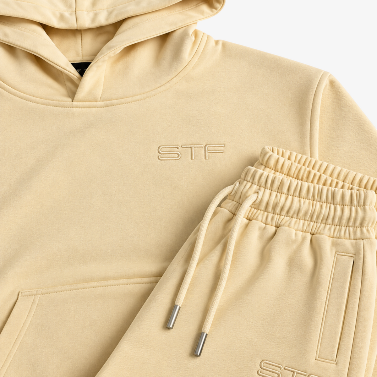 STF oversized boxy cream hoodie and trouser set — Embroidery and waistband detail