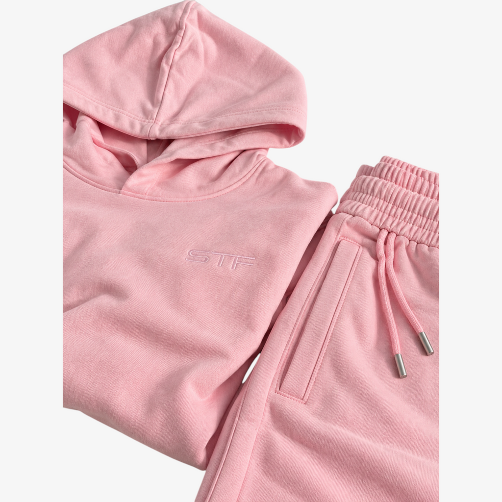 STF oversized boxy tracksuit set in pink — Embroidery and waistband detail