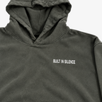 STF Built in Silence boxy oversized hoodie in washed olive-charcoal — hood chest detail