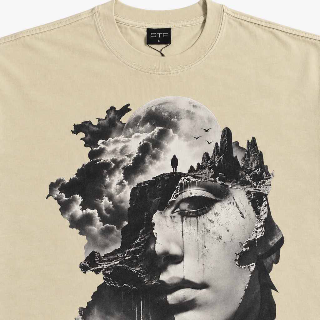 STF Dreamscape Graphic T-Shirt in Cream — Collar label and graphic print detail