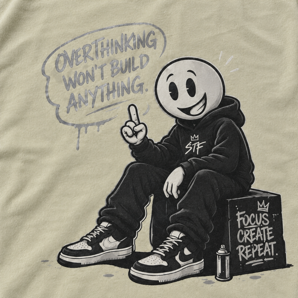 STF Focus Create Repeat T-shirt in washed cream — artwork detail