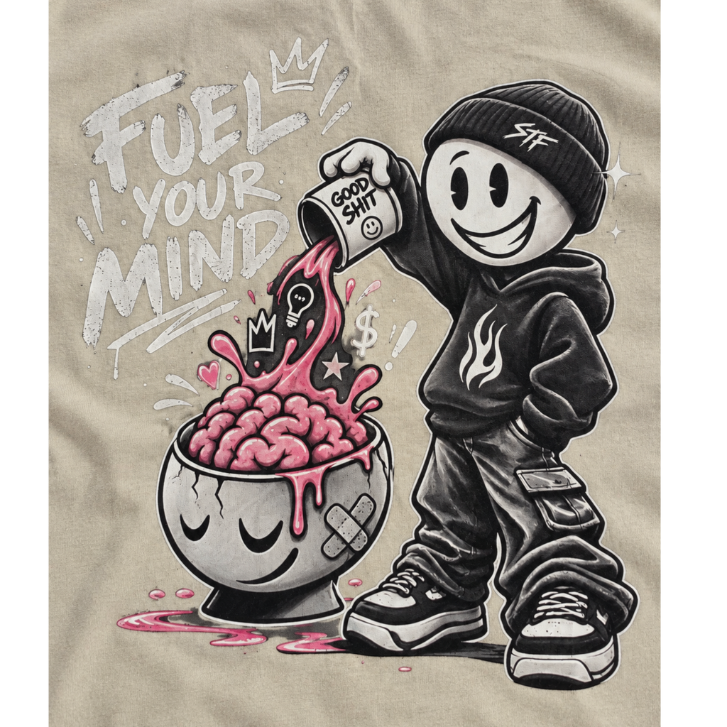 STF Fuel Your Mind washed cream boxy oversized T-shirt graphic detail view