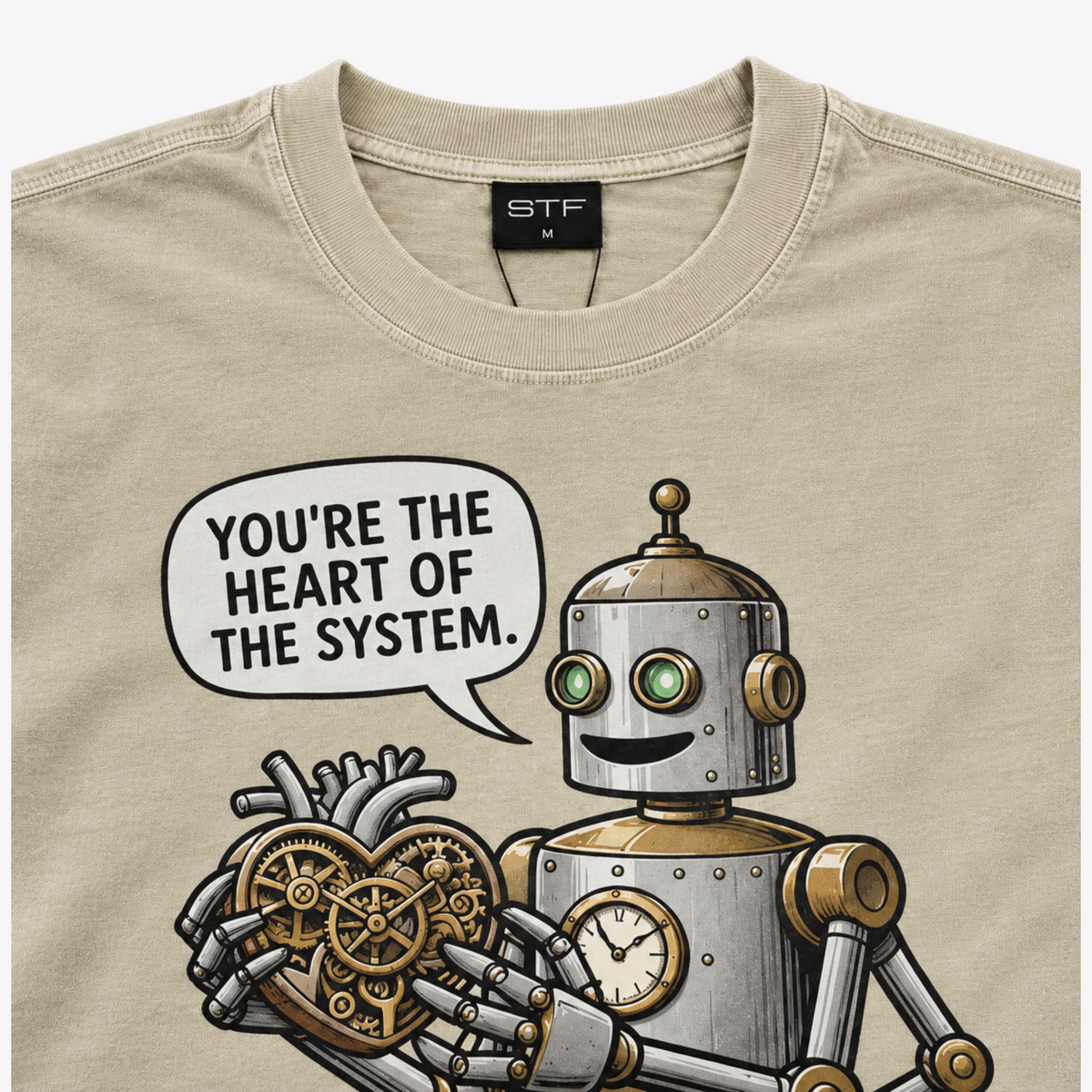 STF Heart of the System Graphic T-Shirt in Washed Cream — Robot print and collar detail