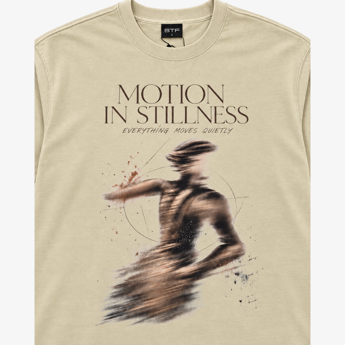 STF Motion in Stillness cream boxy oversized T-shirt — graphic detail