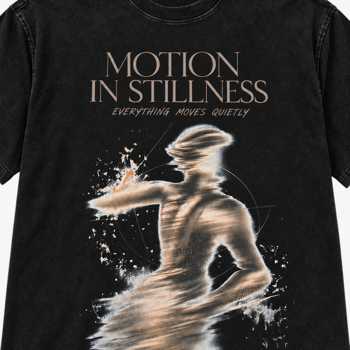 STF Motion in Stillness washed-black boxy oversized T-shirt — graphic detail