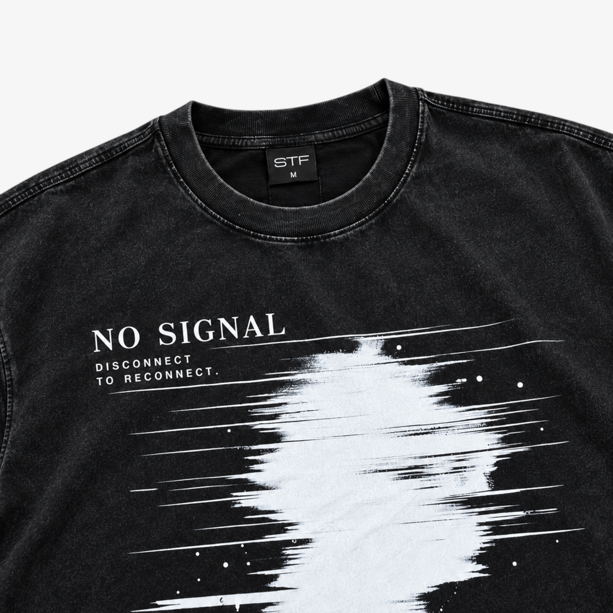STF No Signal graphic T-shirt in washed black — Neckline and graphic print detail