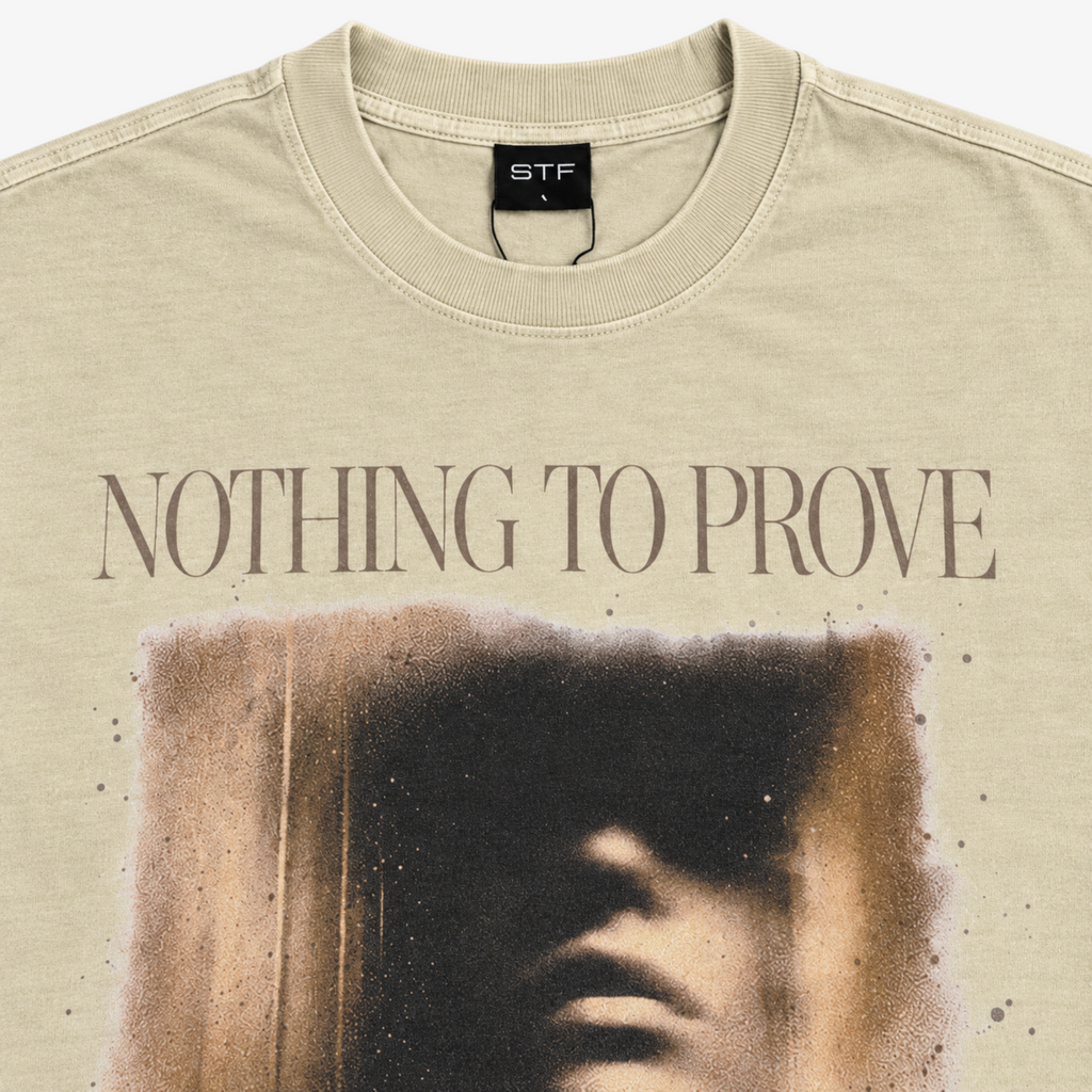 STF Nothing to Prove T-shirt in washed cream — print and neckline detail