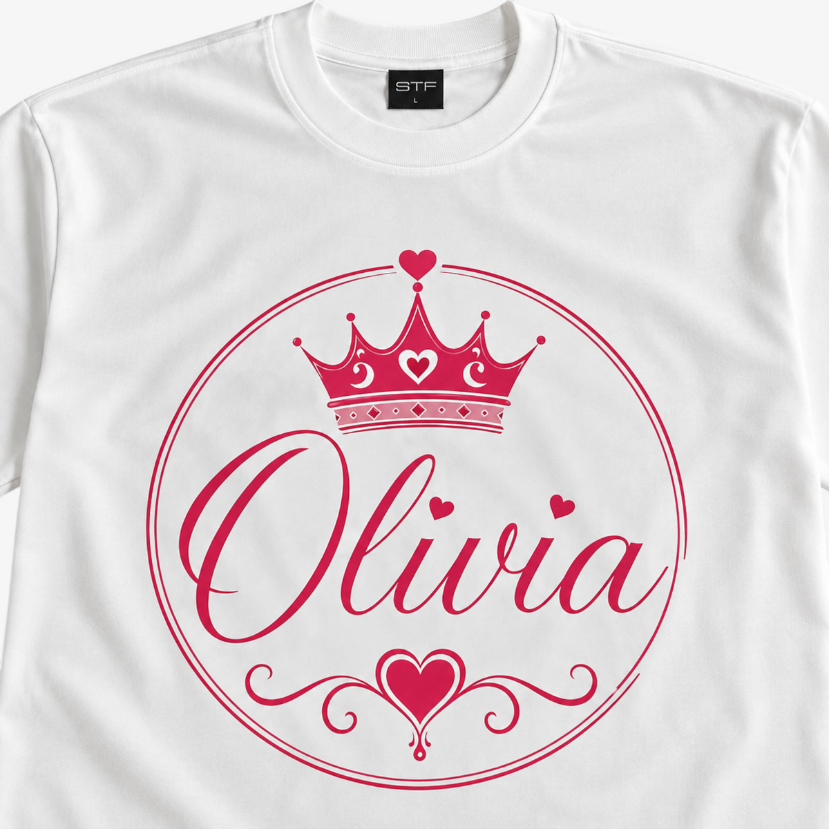 STF Olivia white oversized T-shirt with pink crown and heart graphic — print and collar detail