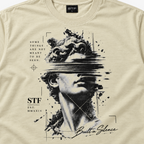 STF Statue Graphic T-shirt in cream — Statue print and neckline close-up