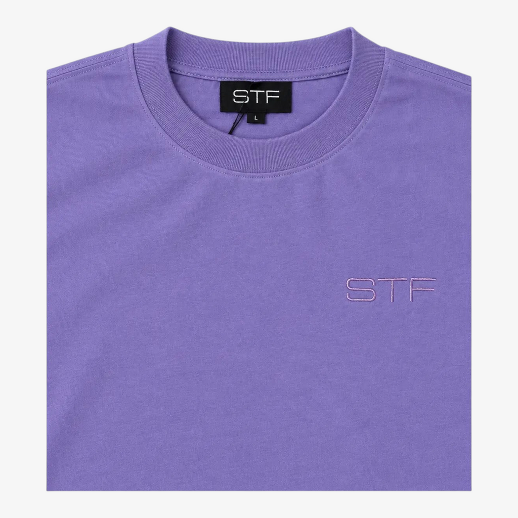 STF lavender T-shirt neck label and tonal embroidery detail