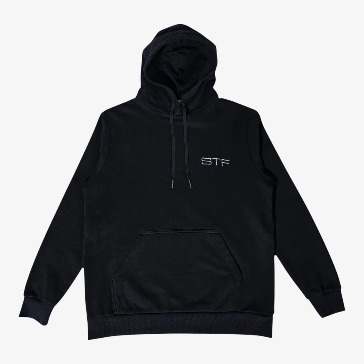 Seejthreadsflames (STF) black heavyweight cotton pullover hoodie with tonal embroidery and kangaroo pocket