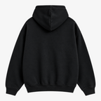 Seejthreadsflames (STF) washed-black oversized pullover hoodie with a boxy fit and double-layer hood, back view.