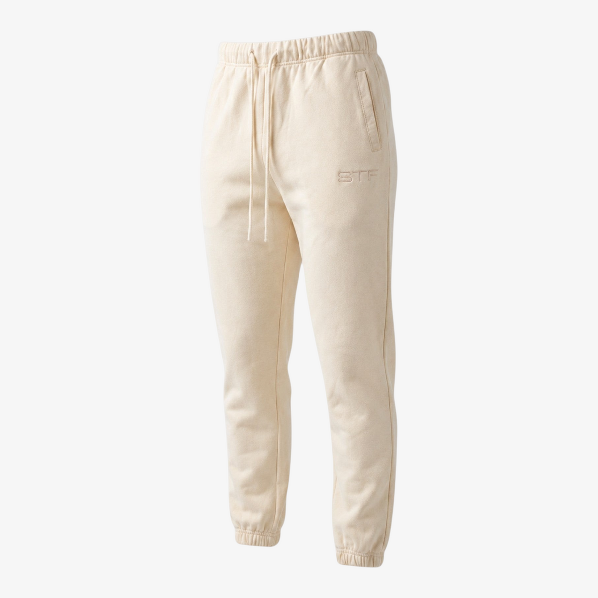 Seejthreadsflames (STF) Essential Jogger in beige heavyweight fabric with elasticated cuffs and tonal embroidery Main image