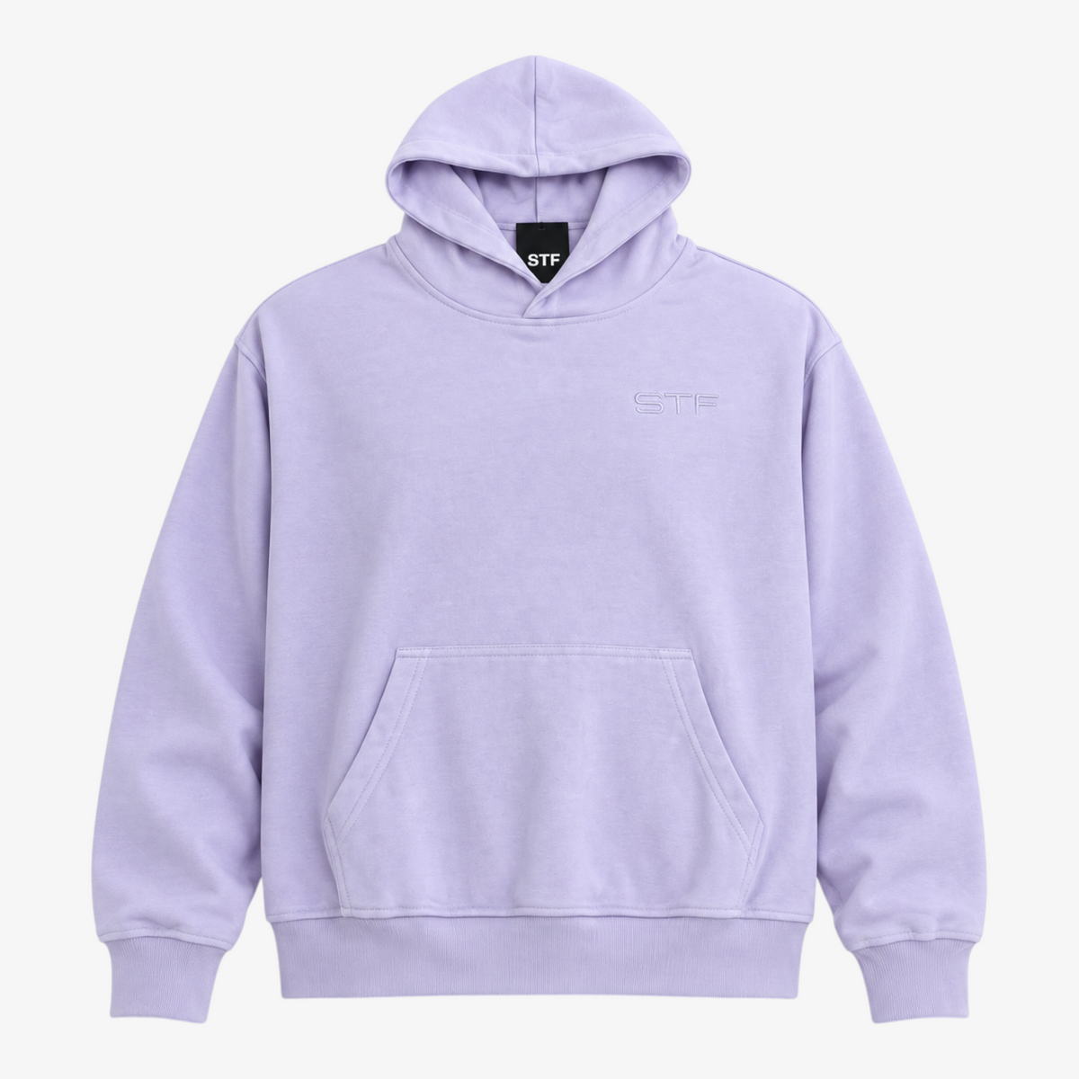 Seejthreadsflames (STF) lavender pullover hoodie with subtle chest embroidery, kangaroo pocket, and ribbed cuffs. Main image