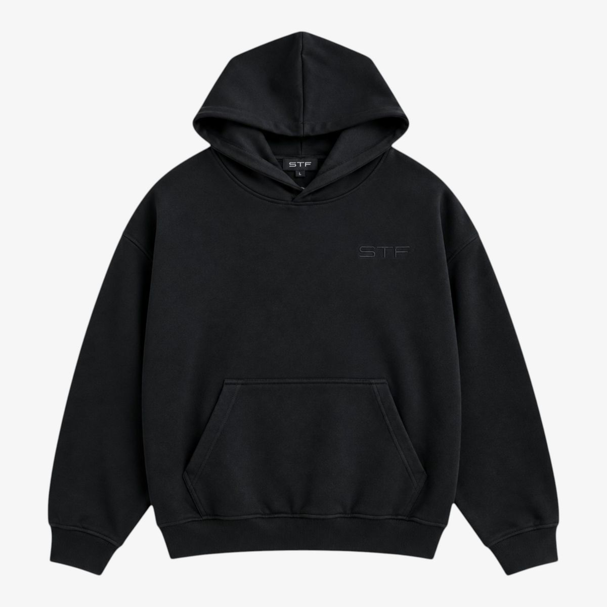 Seejthreadsflames (STF) washed-black oversized pullover hoodie with tonal chest embroidery and kangaroo pocket Main image
