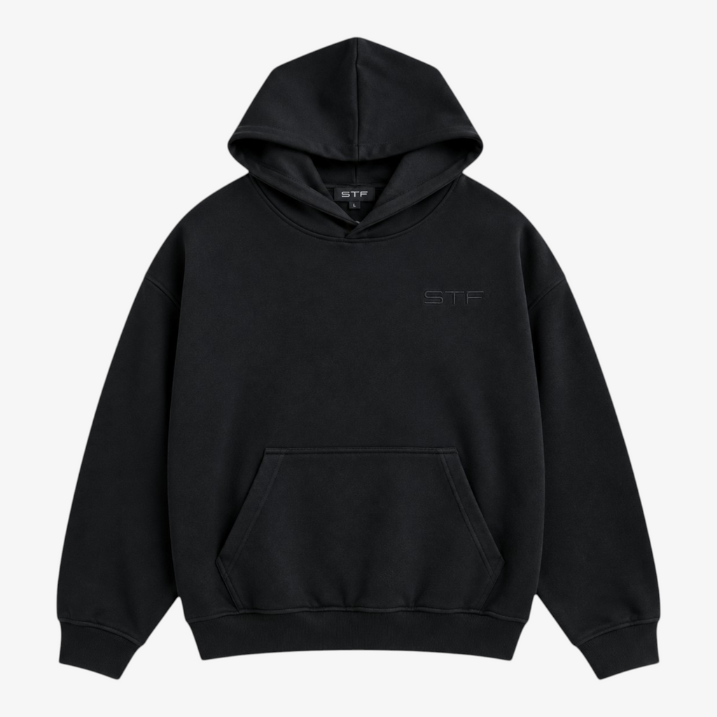 Seejthreadsflames (STF) washed-black oversized pullover hoodie with tonal chest embroidery and kangaroo pocket