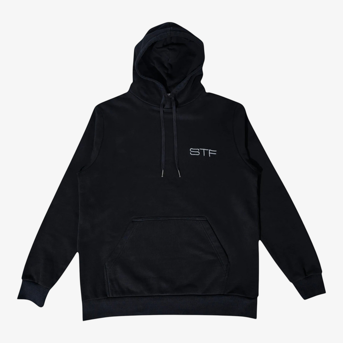 Seejthreadsflames (STF) black heavyweight 100% cotton oversized pullover hoodie with chest embroidery and front pocket
