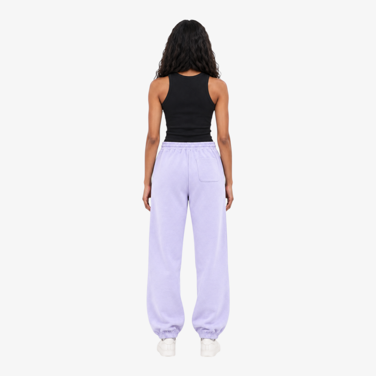 STF lavender French terry joggers – female model back view